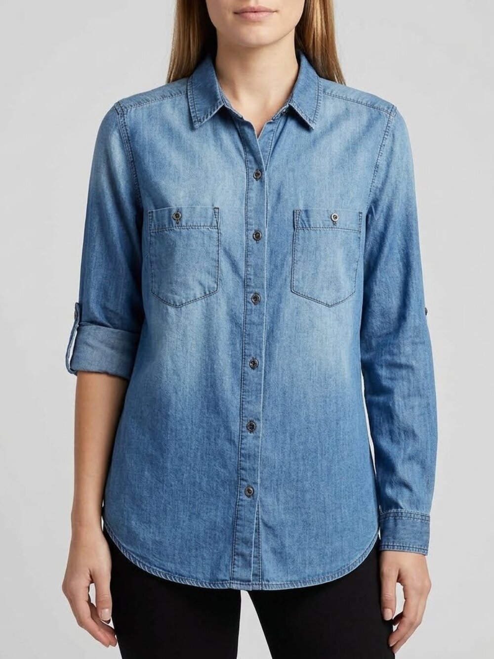 Wax Jean Chambray Shirt M Blue Cotton Roll-Tab Westerncore Preppy Minimalist